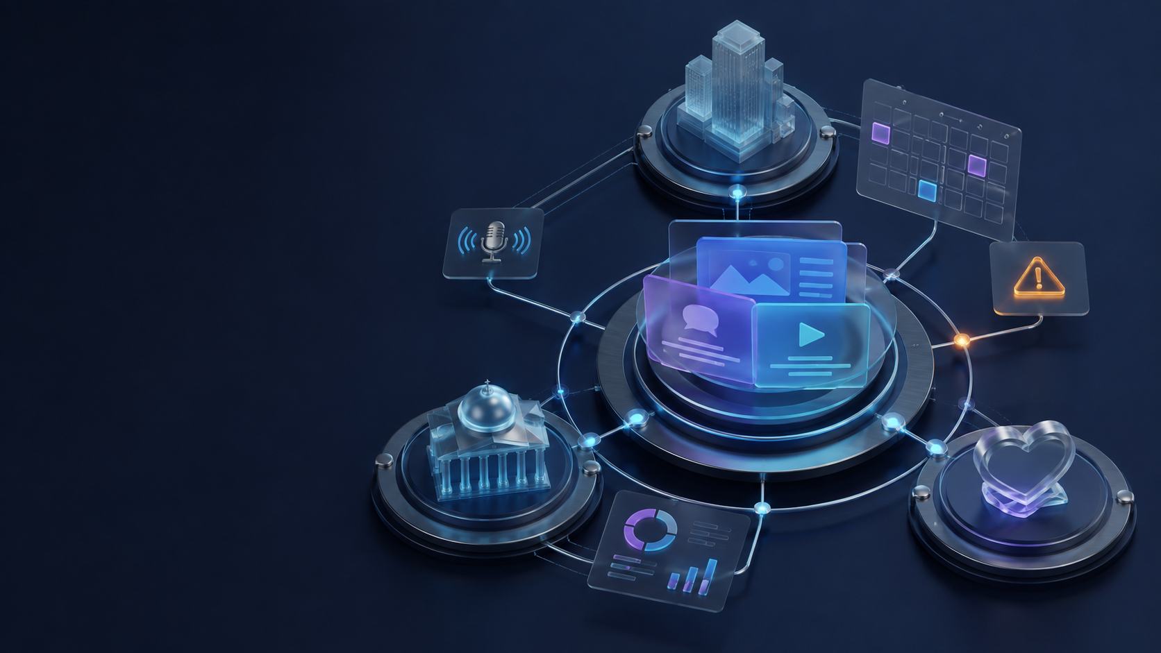 Abstract communications operations network linking media, editorial planning, issues and measurement across three institution types