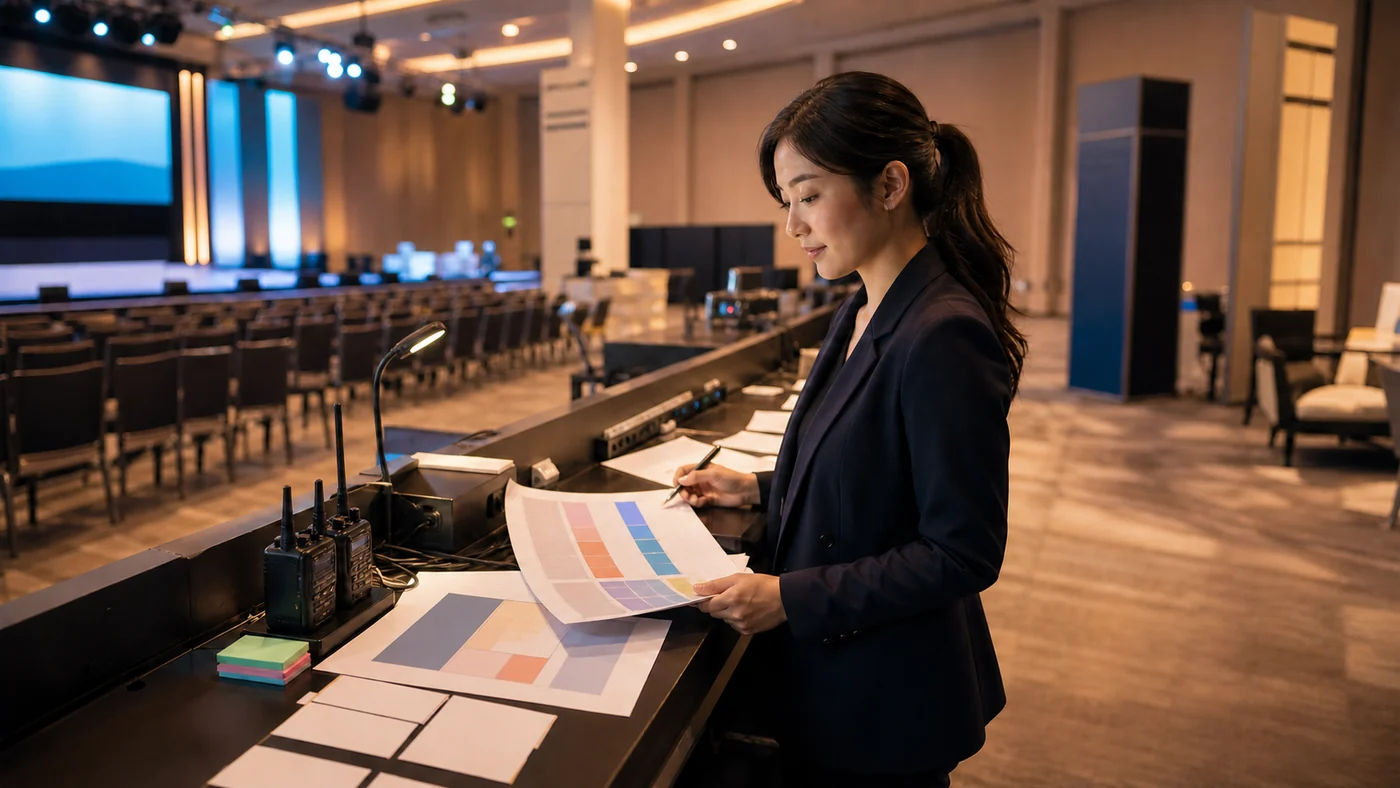 A modern event coordination control desk connecting a programme, venue, suppliers, attendee services and live delivery