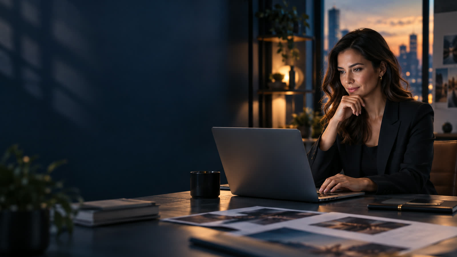 Marketing professional reviewing a governed AI workflow on a laptop in a modern office