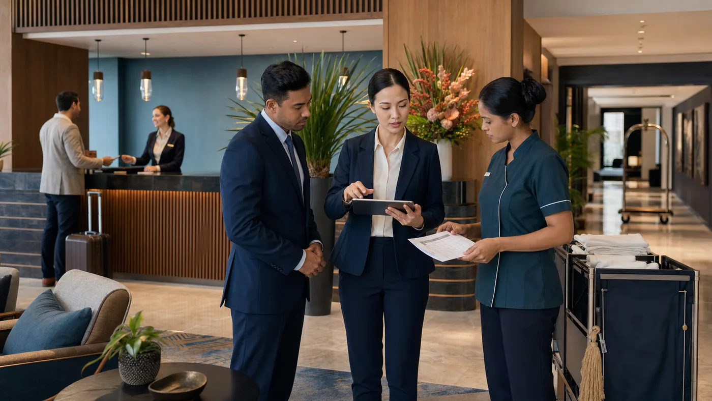 Hotel front-office supervisor coordinating guest arrivals and room readiness with a housekeeping colleague