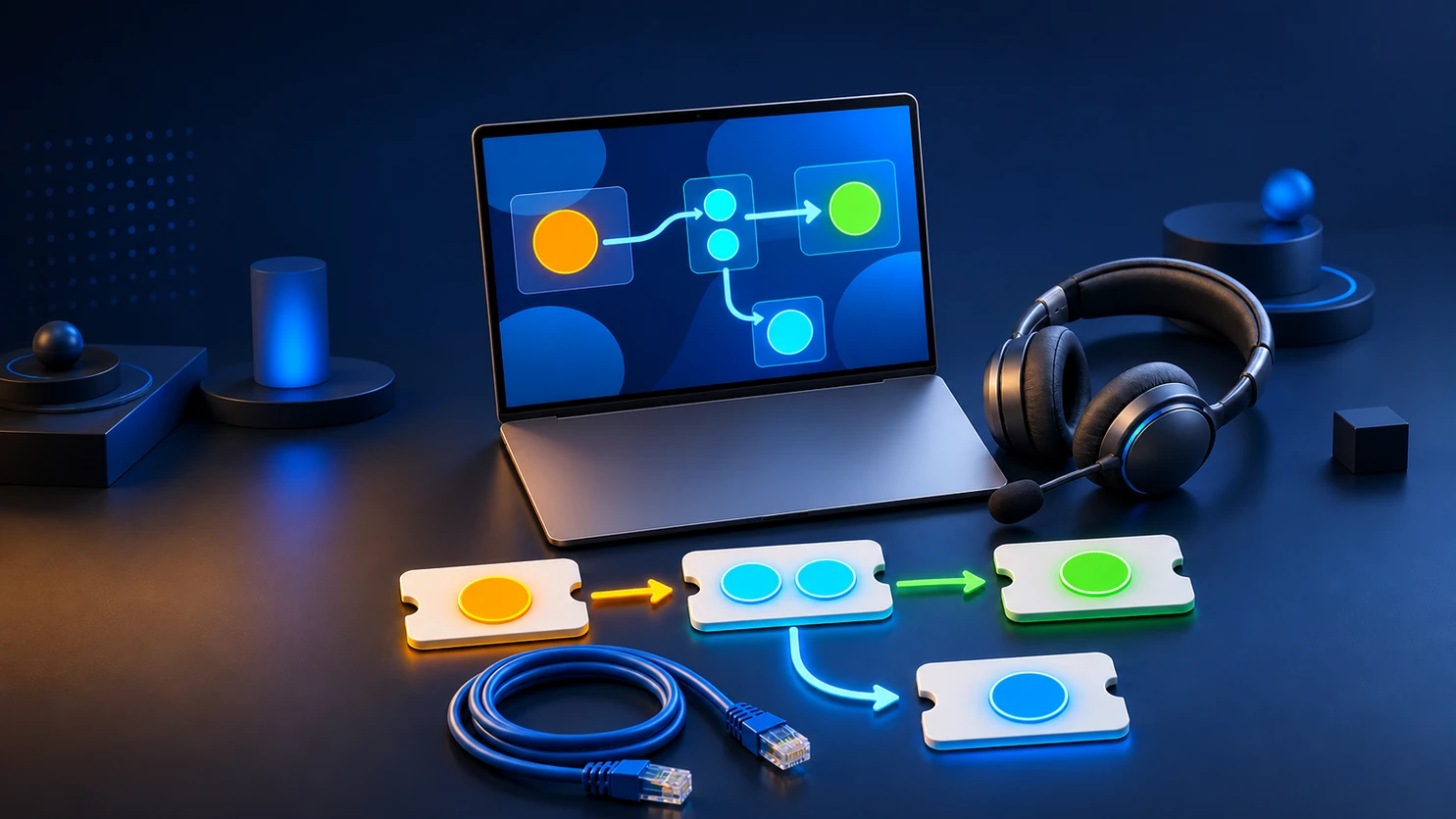 Text-free IT service desk ticket flow with laptop, support headset and ethernet cable