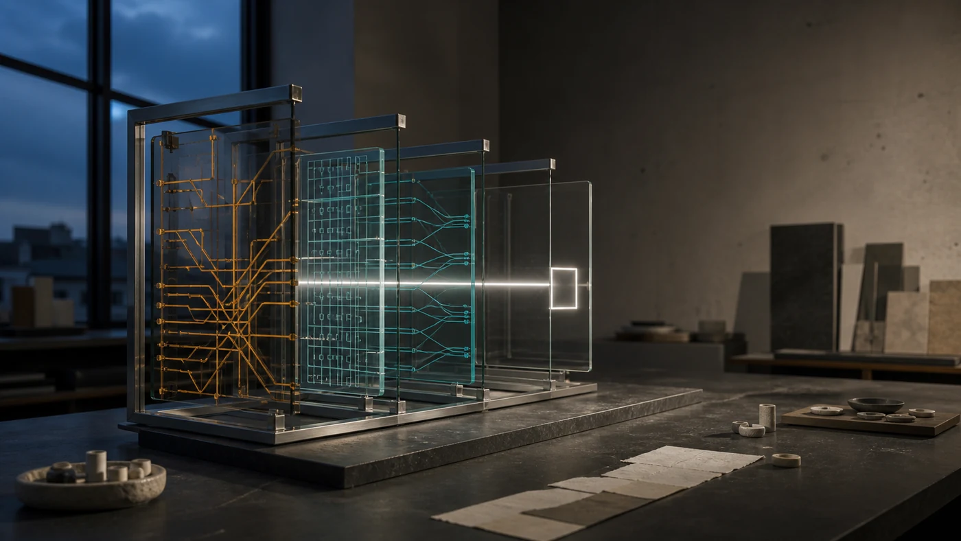 Systems analyst reviewing connected process, data, interface and validation evidence in a modern technical workspace