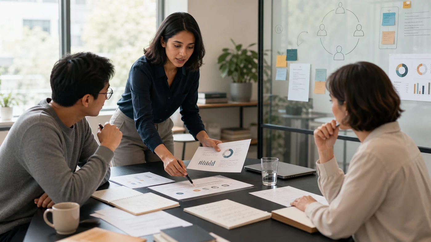 Market researcher comparing interview notes, survey evidence and analytical charts to prepare an insight report