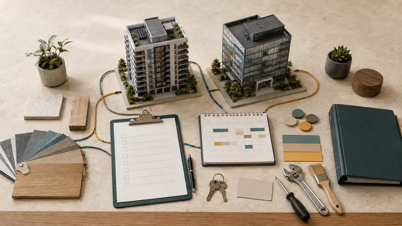 Top-down property operations workspace with residential and office building models, inspection clipboard, budget markers, tools, keys and service records