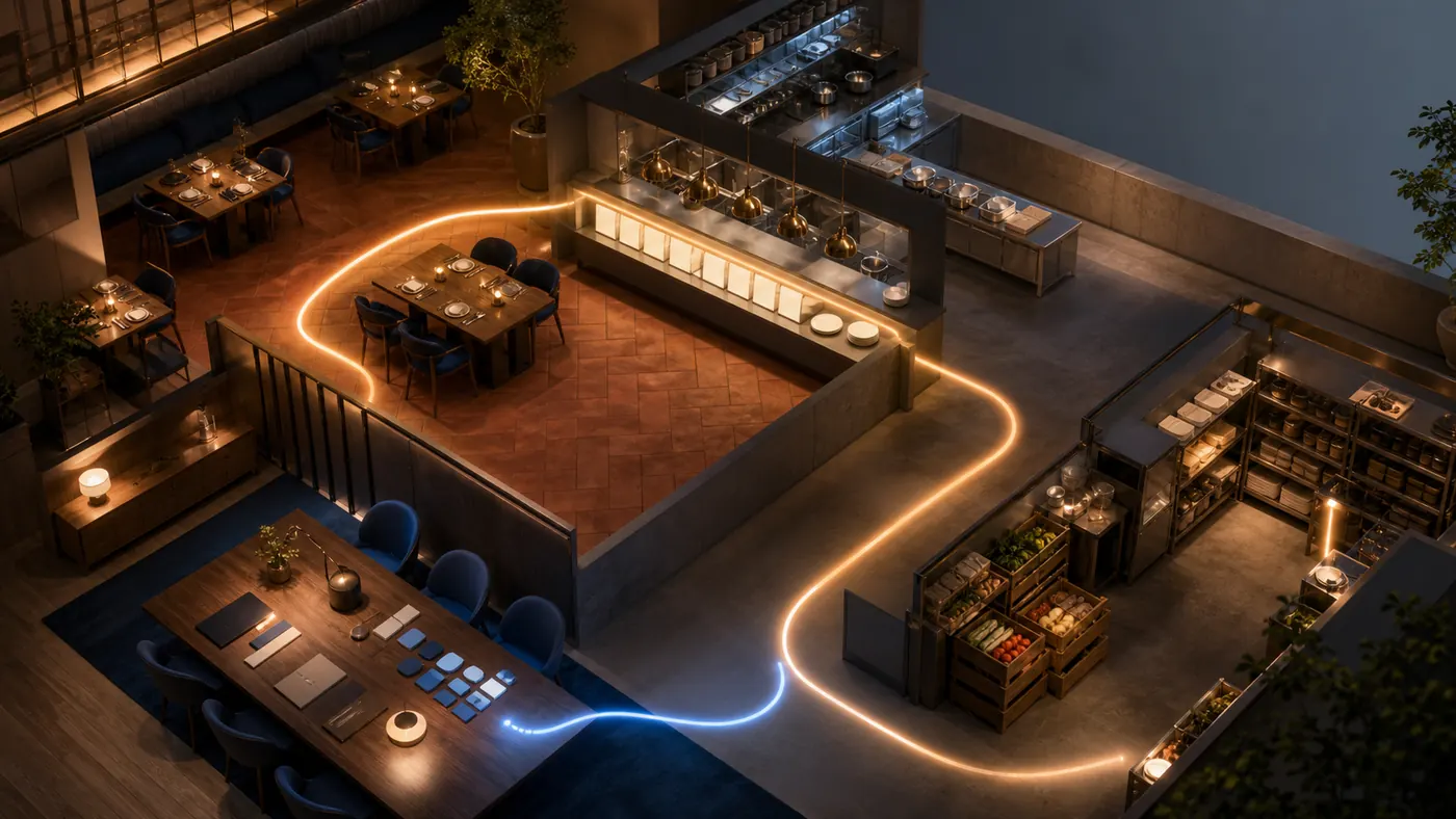 A diagrammatic restaurant operating system connecting kitchen, service, staffing, inventory and performance review