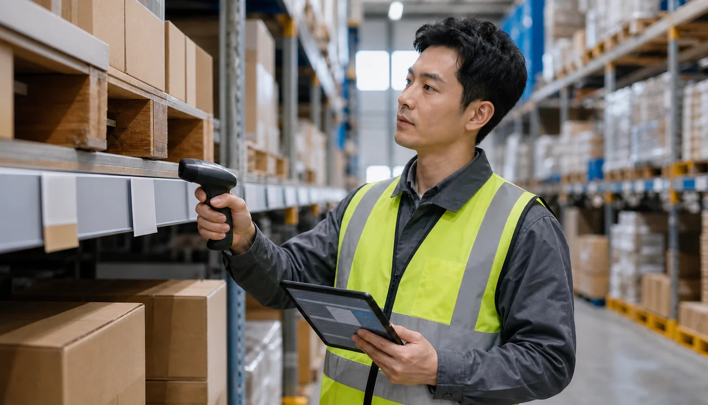 Warehouse and inventory operations professional checking stock records and fulfilment flow