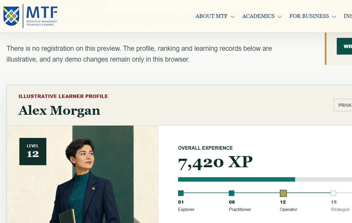 Preview of the MTF learning progress and gamification dashboard
