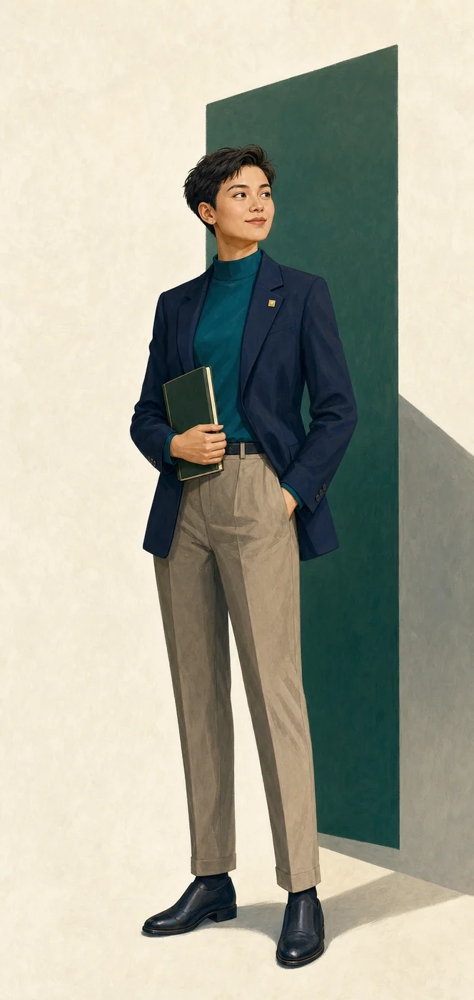 Illustrated androgynous MTF learner avatar in professional attire